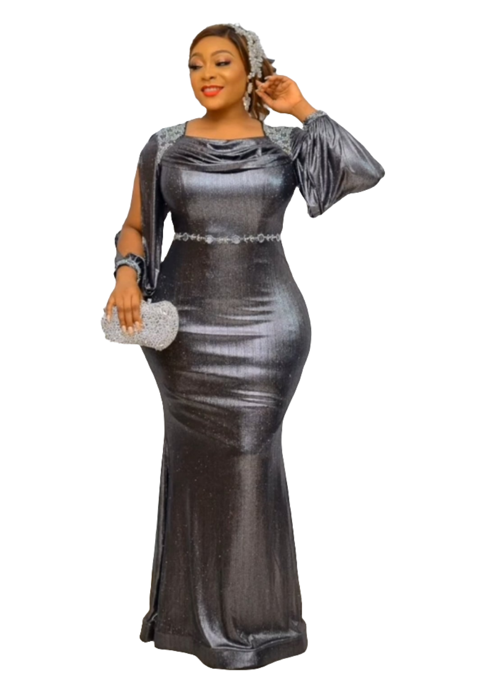 Beautiful Cartoon Gray Pewter Color Slit Sleeve Plus-size Evening Dress