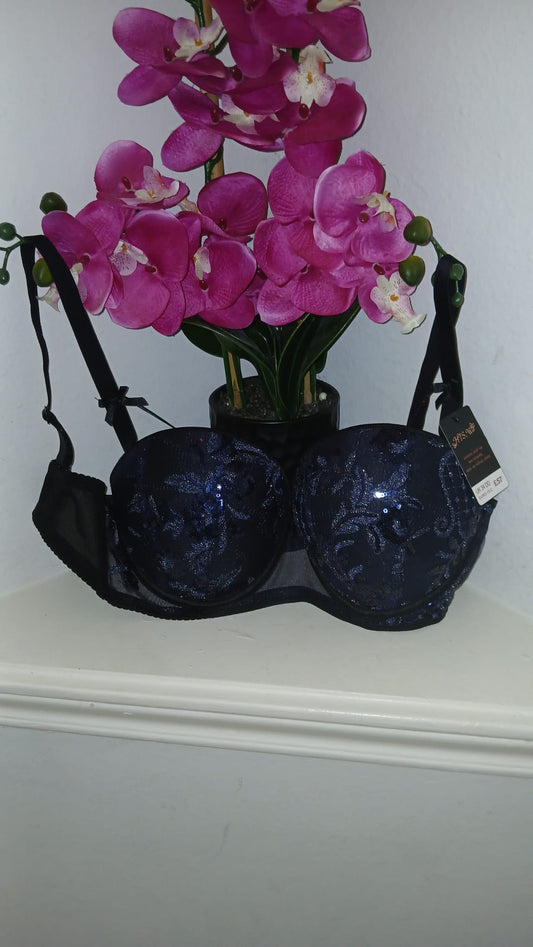 Sparkling Navy Sequin Push-Up Bra UK 34DD