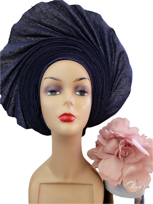 100% Original Aso-oke Beautiful Fan Style Auto Gele Navy Blue & Dark Teal