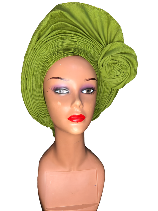 100% Original Aso-oke Olive Green Side Donut Style Auto Gele