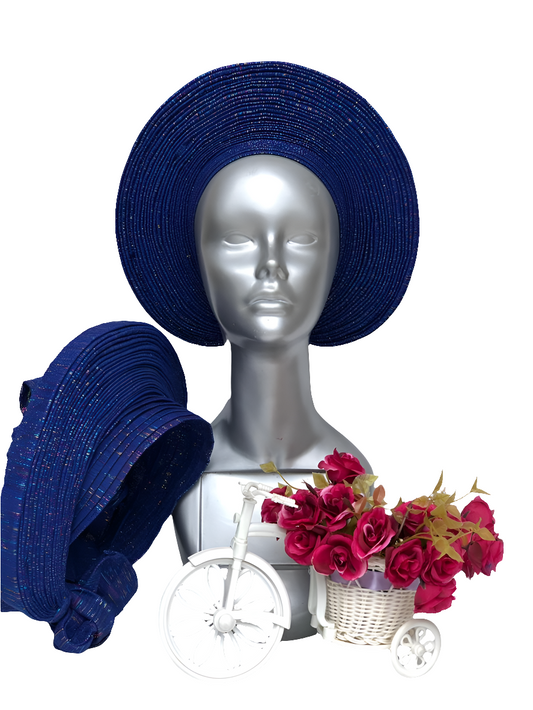 100% Original Aso-Oke Blue Multi Color Full Round Portable Beautiful African Auto Gele