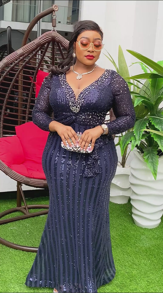 Beautiful Sequins V-neckline Navy Blue Long Dress
