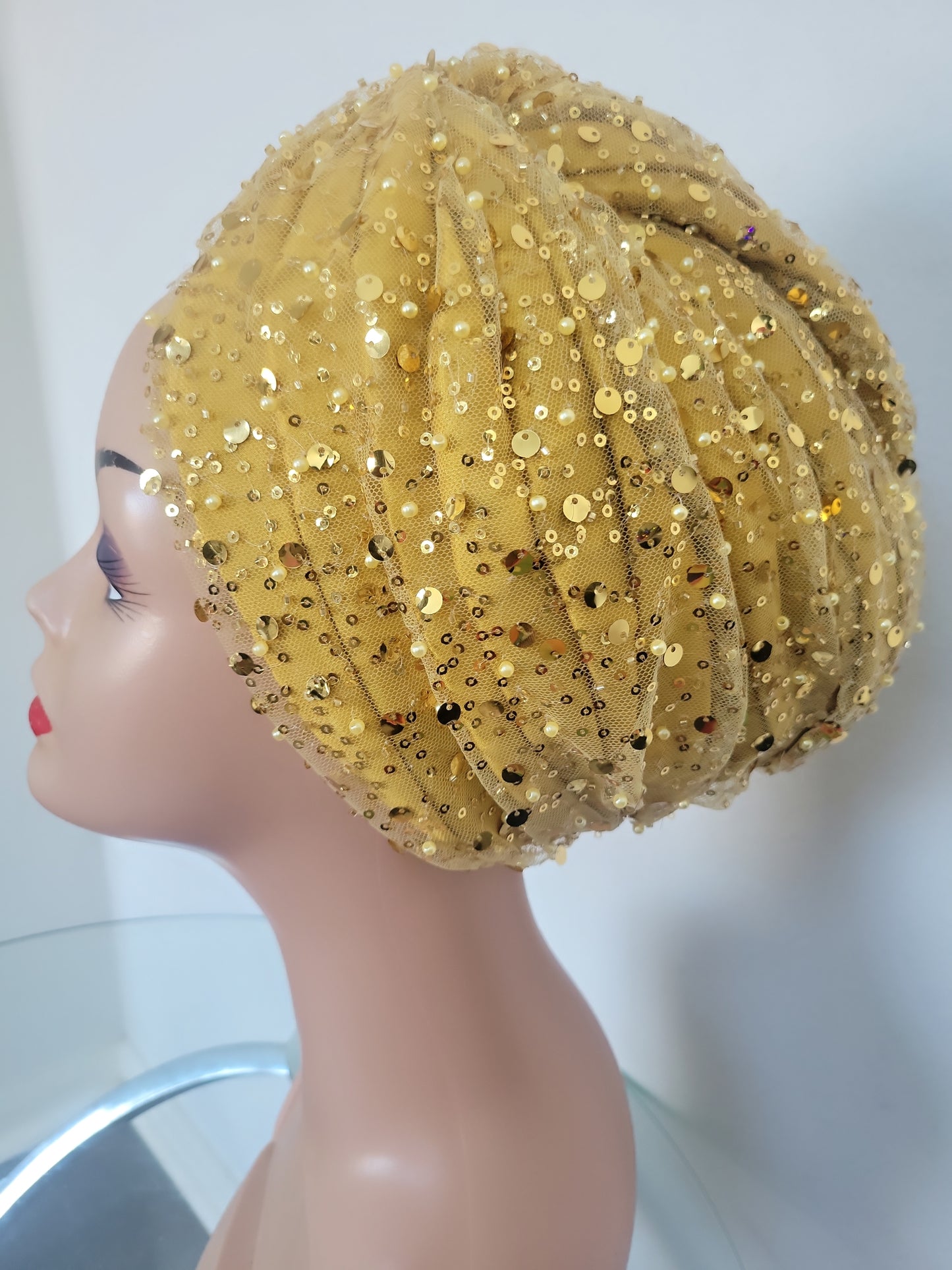 Embellished Net Lace Gold Color Turban