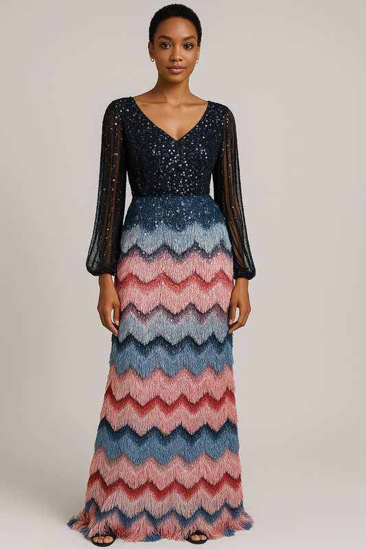 Beautiful Flaux V-neckline Navy Blue Multi Long Dress