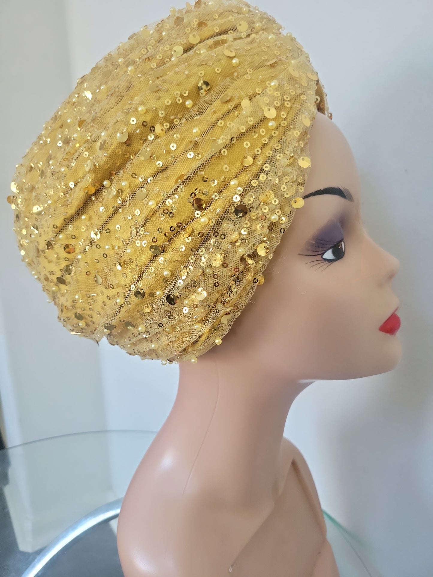 Embellished Net Lace Gold Color Turban