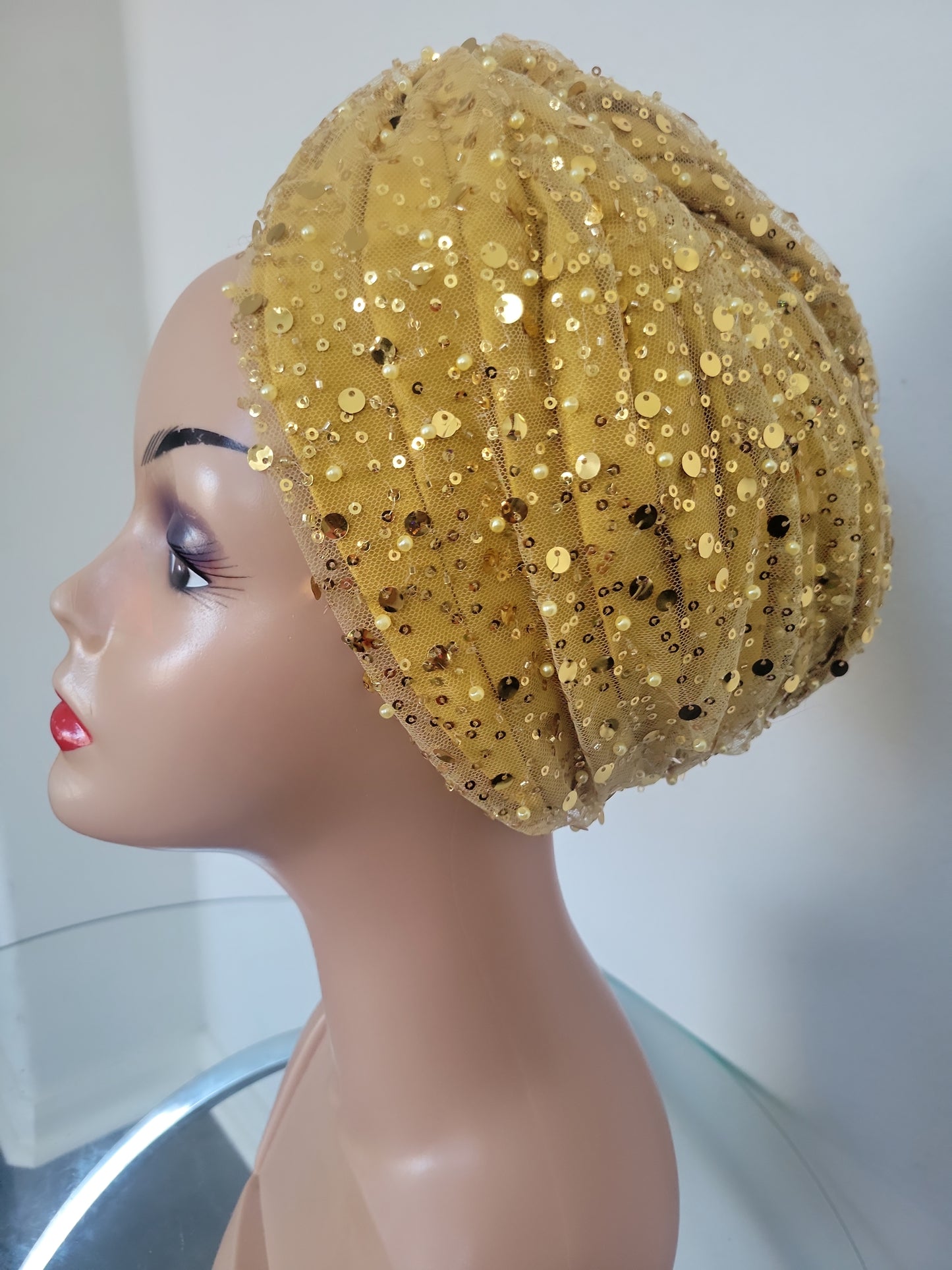 Embellished Net Lace Gold Color Turban